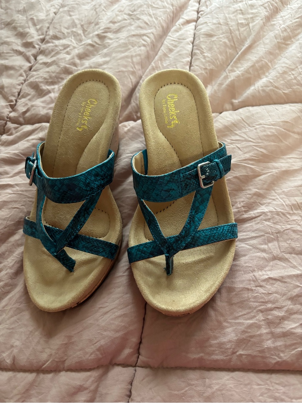 Teal Strappy Wedge Sandals with Buckle by Cherokee